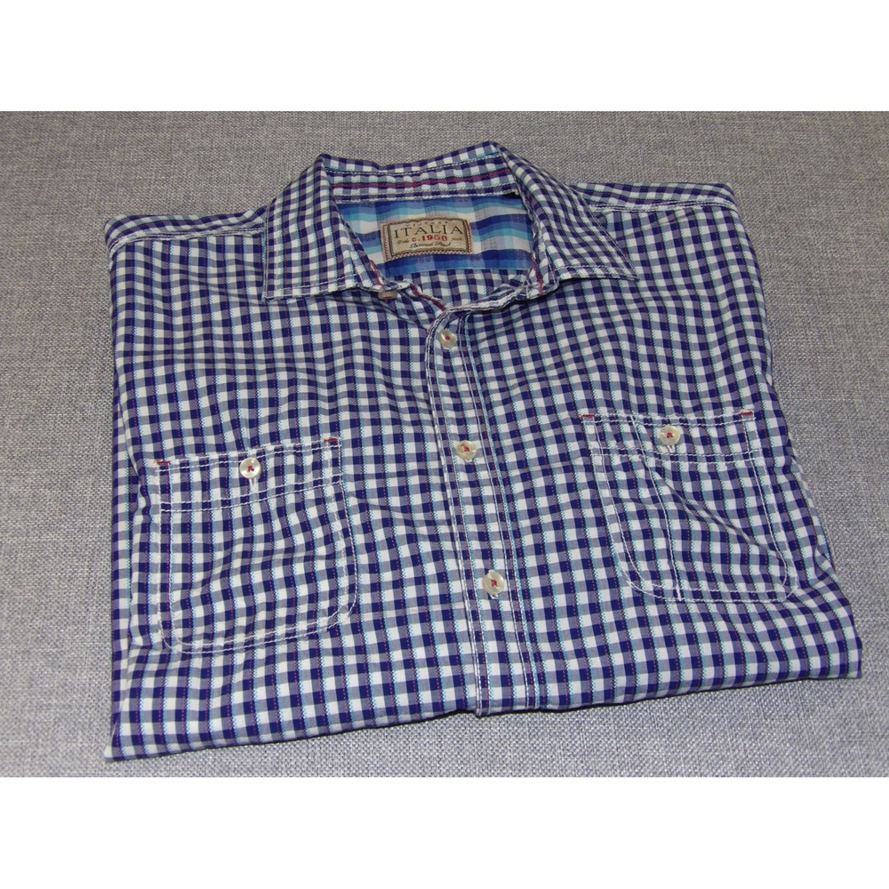 Vintage Italia Button Down Shirt Mens XL Blue Gingham Check Dual Pocket Long Slv